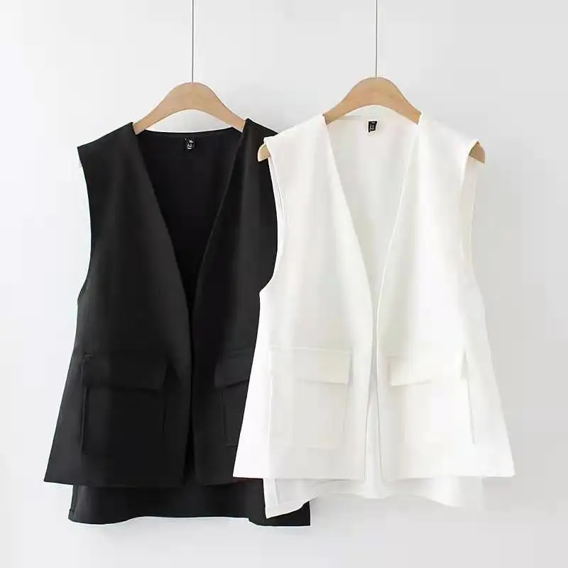 

2021 spring and summer new simple thin V-neck pocket waistcoat women loose and thin Split Button vest women