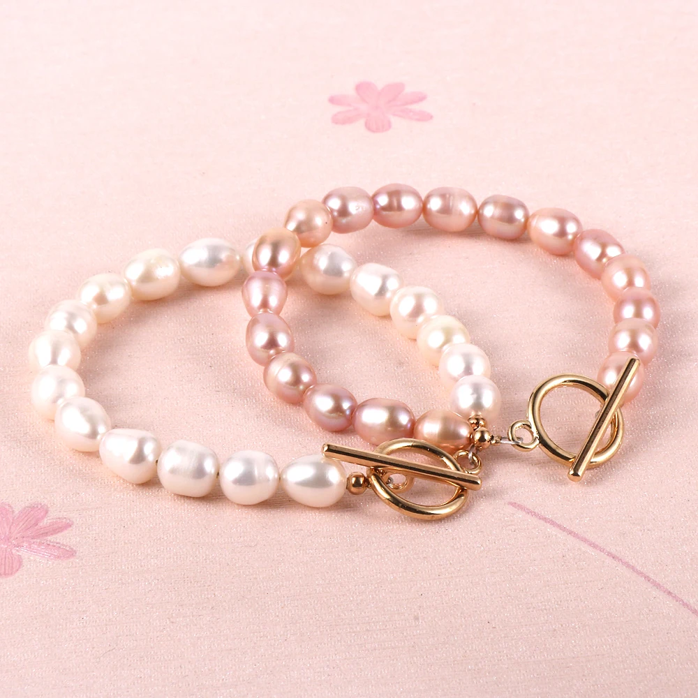 

Simple Women Natural Freshwater Pearl Bracelets White Pink Purple Oval Pearls Metal OT Buckle Wristband Chain Fashion Jewelry