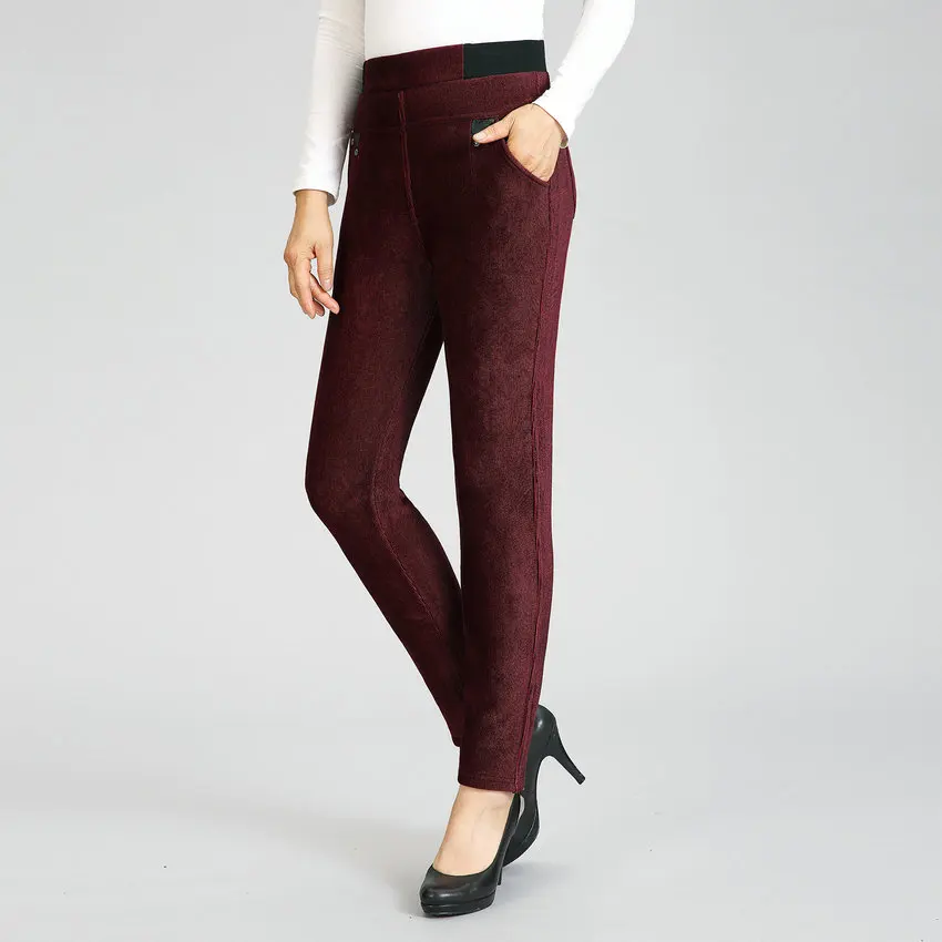 

Winter Corduroy Pants Women Wine Red Coffee Black Thicken Warm Fleece Lining Trousers Woman Slim Fit Elestic High Waist Pants