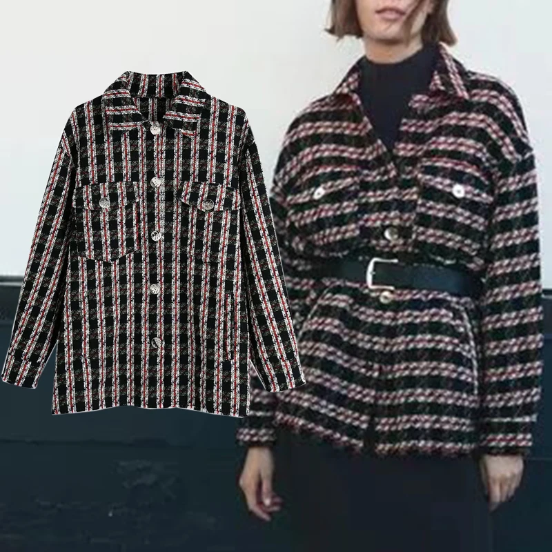 

ZA Women Autumn Winter Striped Jacket Coat Single Breasted Turn Down Collar Fashion Vintage Pockets Coats Outerwear Chic Tops