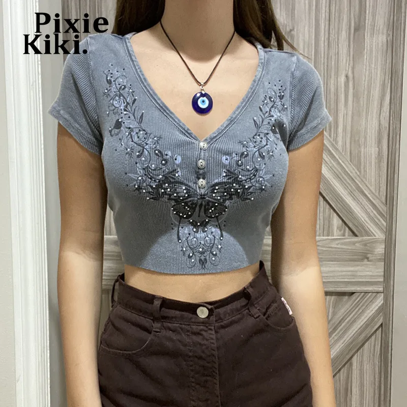 

Топ женский с V-образным вырезом и коротким рукавом, Y2k