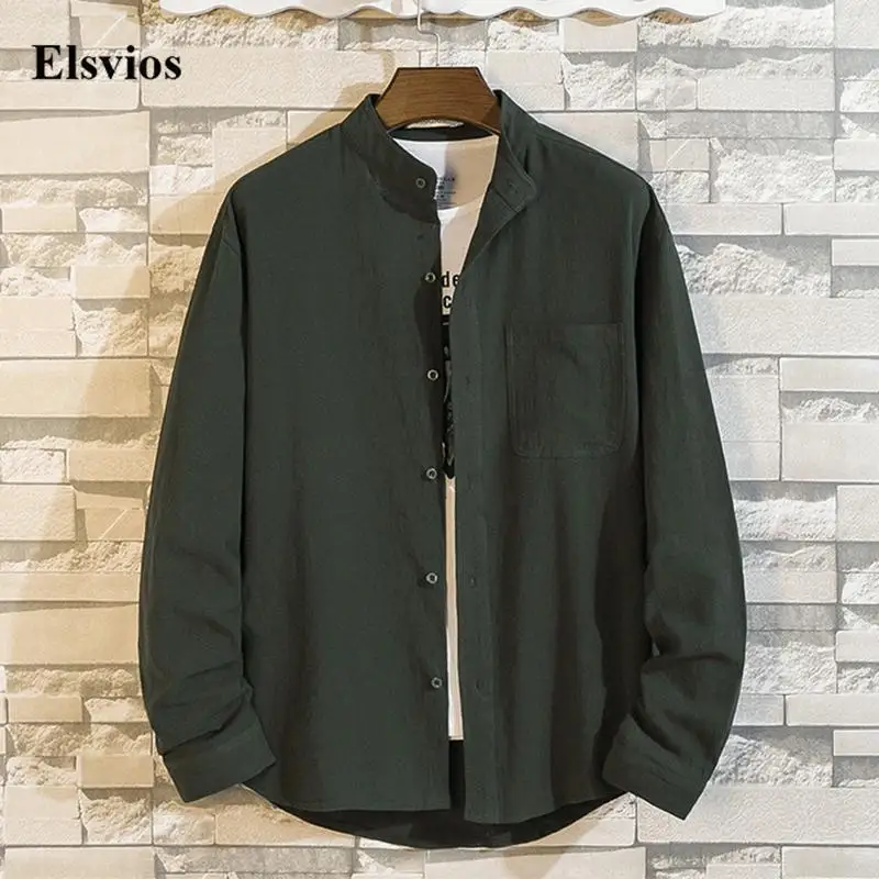 

Рубашка мужская с воротником-стойкой, на пуговицах, из хлопка и льна