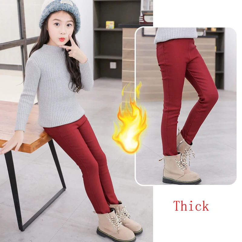 wine red thick Детские зимние штаны для девочек, Леггинсы теплые длинные штаны ярких цветов для девочек новогодние бархатные плотные детские брюки для подростков - Цвет: wine red thick