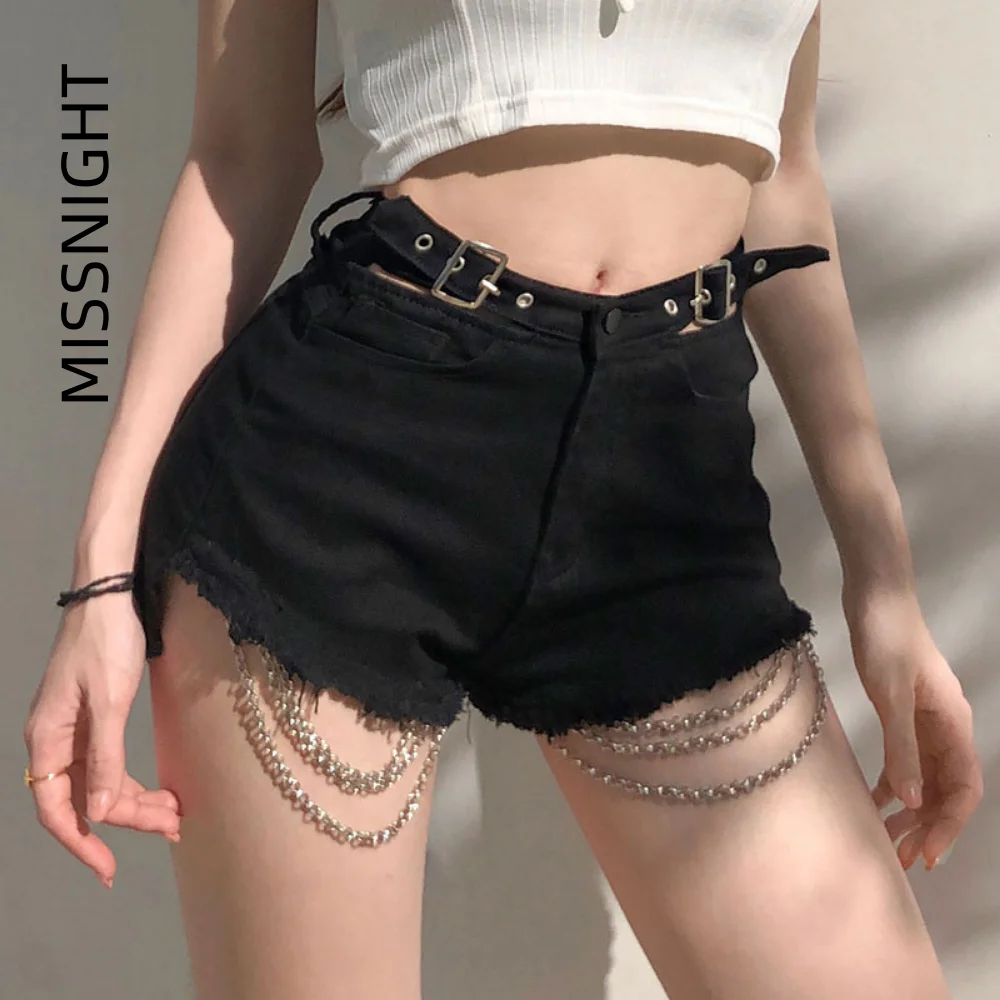 

Missnight Chic Black Shorts Sashes Belt Hollow Out Bodycon Ripped Woman Shorts Chain Button Zipper Fly Pockets Short Pants