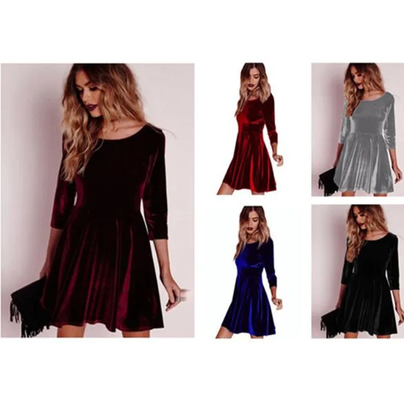 

Women Swing Hem Velvet Dress Autumn Ladies Party Mini Dress Vestidos Velour Dress Long Sleeve Slim Tops