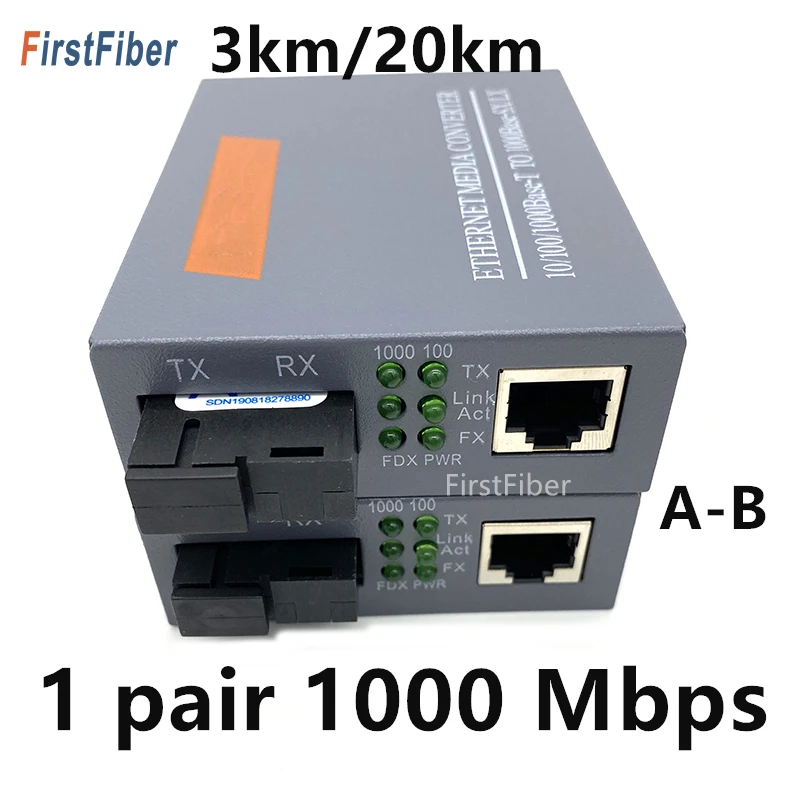 

1 Pair 10/100/1000Mbps 3KM or 20KM Media Converter Fiber Optica Transceiver FTTH Optic Gigabit Conversor De Fibra SM