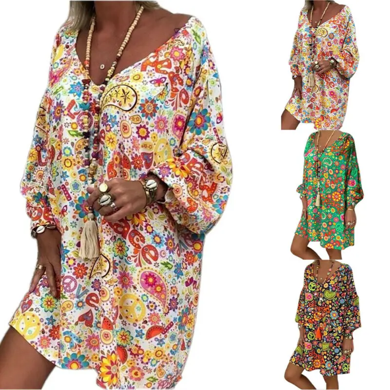 

Women Cashew Print V Neck Dress Causal Summer Holiday Beach Long Sleeve Dress