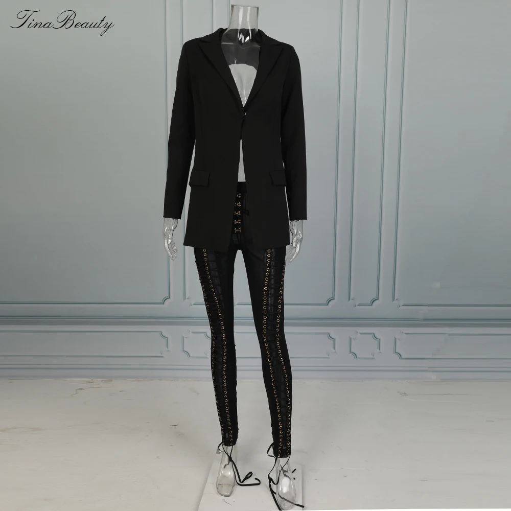 

Tina Beauty Cardi B 2 Piece Pants Set Backless Blazer Knee Length Tassel V Neck Sexy Mesh Long Sleeve Lace Up Embellished Buckle