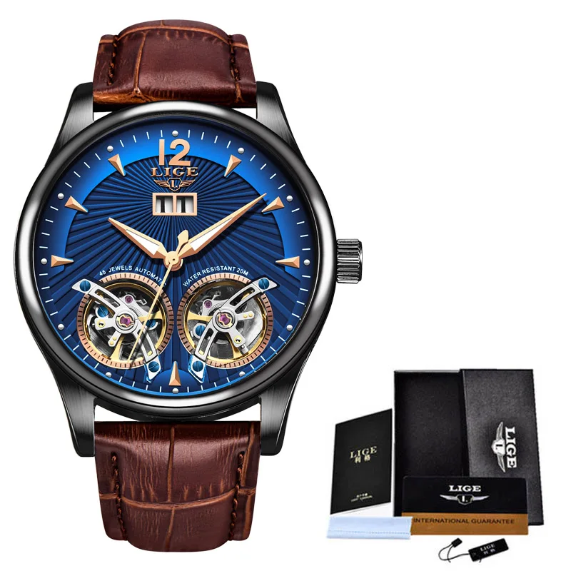 Reloj Hombres LIGE, мужские часы с двойным турбийоном и кожаным ремешком, Топ бренд, Роскошные автоматические механические Спортивные часы, мужские наручные часы - Цвет: Black blue