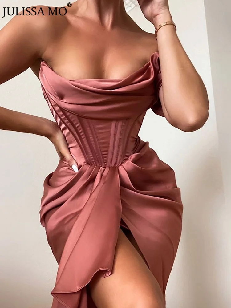 

JULISSA MO Fashion Satin Backless Sexy Mini Dresses for 2021 Women One Shoulder Casual Party Dress Ladies Vestidos Street Wear