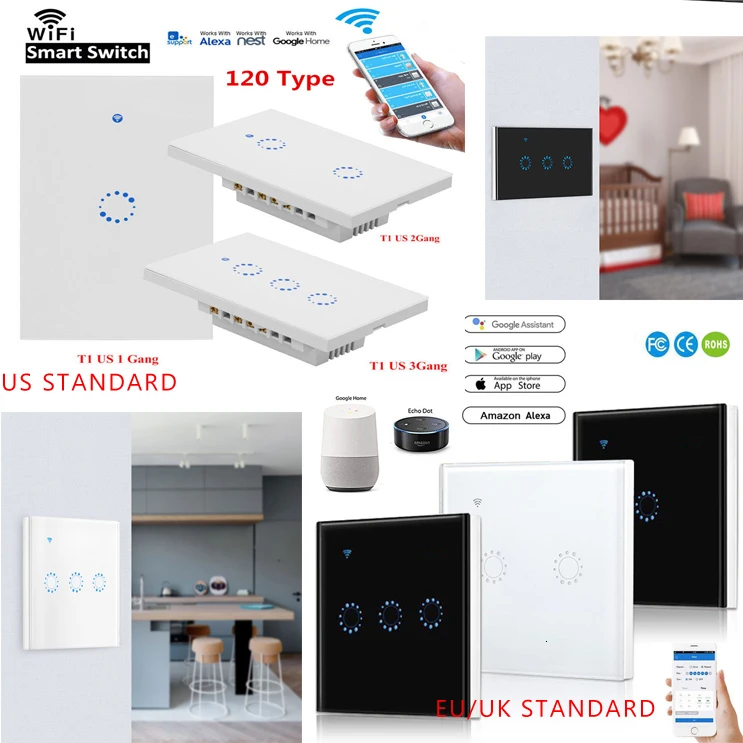 US/EU/AU Standard Touch Switch Smart Light Panel Wall interruptor 1/2/3 Gang wifi Voice Work with Alexa Google Home APP | Обустройство