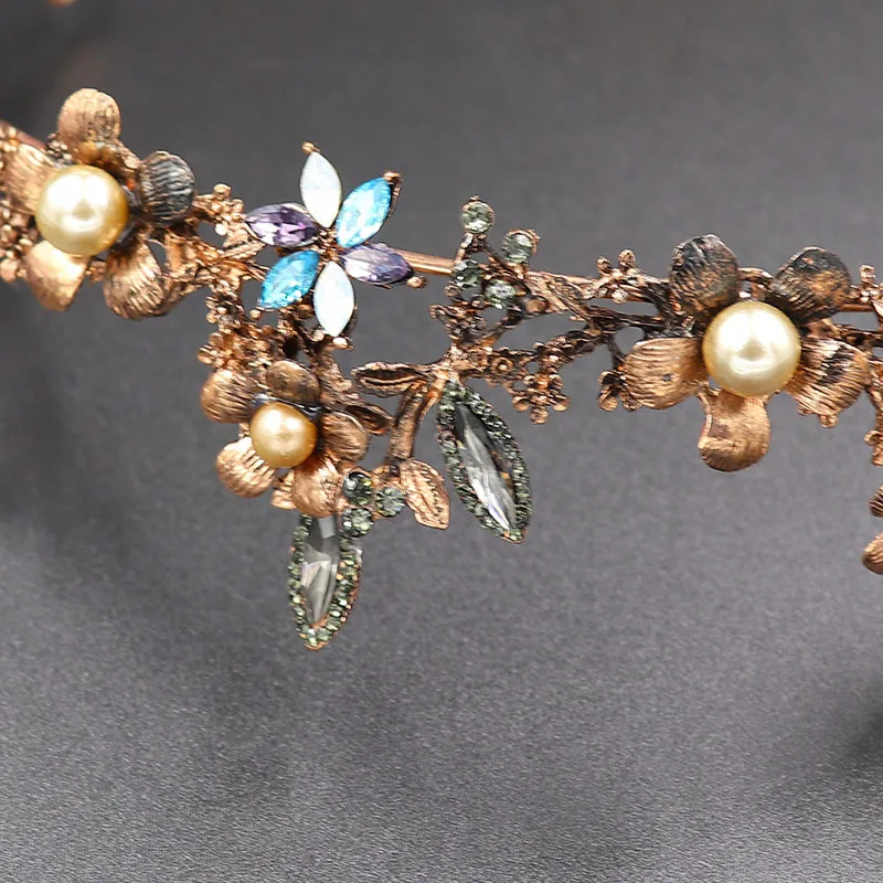 HIMSTORY в стиле барокко, ретро, бронзовая жемчужина, черный цветок и лист, корона, свадебные украшения, короны, пышное платье, аксессуары для волос