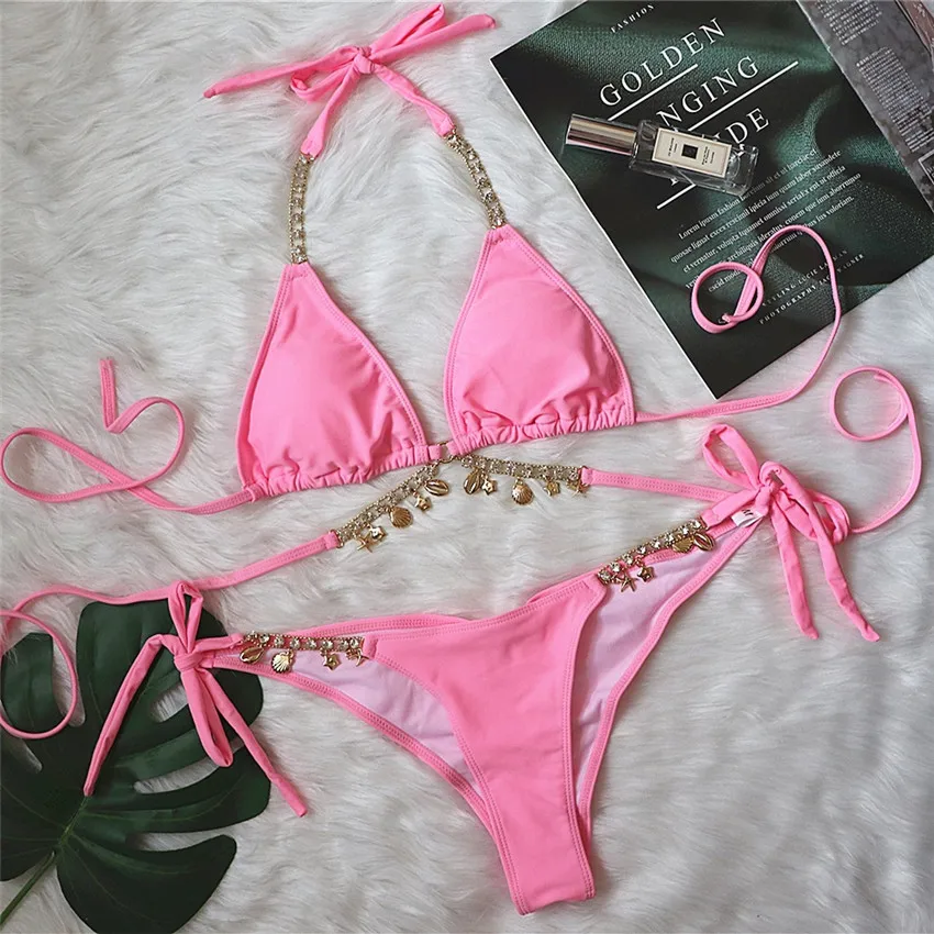 

New Sexy Bling DIamond Bikini 2021 Women Swimwear Female Swimsuit Two-pieces Bikini set Halter Bather Bathing Suit Swim