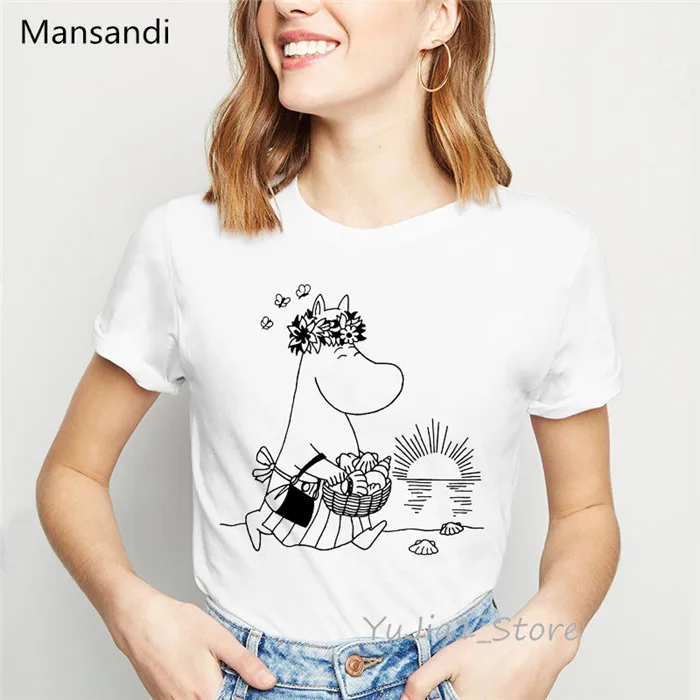 Moomins, футболка с надписью на день, футболки с графическим принтом, женские модные Забавные футболки, Женская Футболка harajuku tumblr, топы, футболка femme - Цвет: Y72825