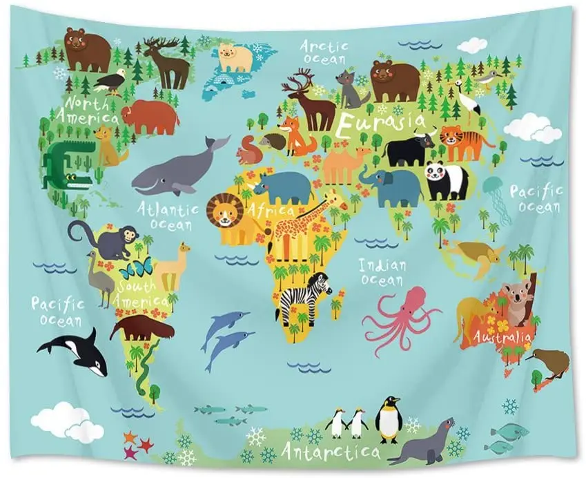 Настенная карта мира подвесная мультяшная с животными распределительная