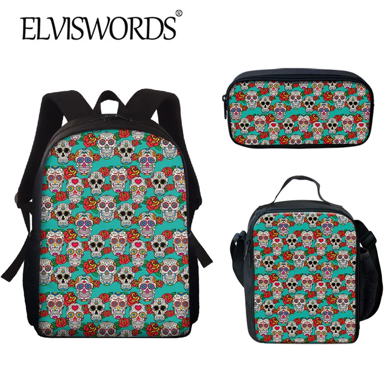 

ELVISWORDS Back to School 2021, модный новый рюкзак с черепом для девочек-подростков, 3 предмета, школьная сумка, сумки для обеда и пенал, чехол из полиэсте...