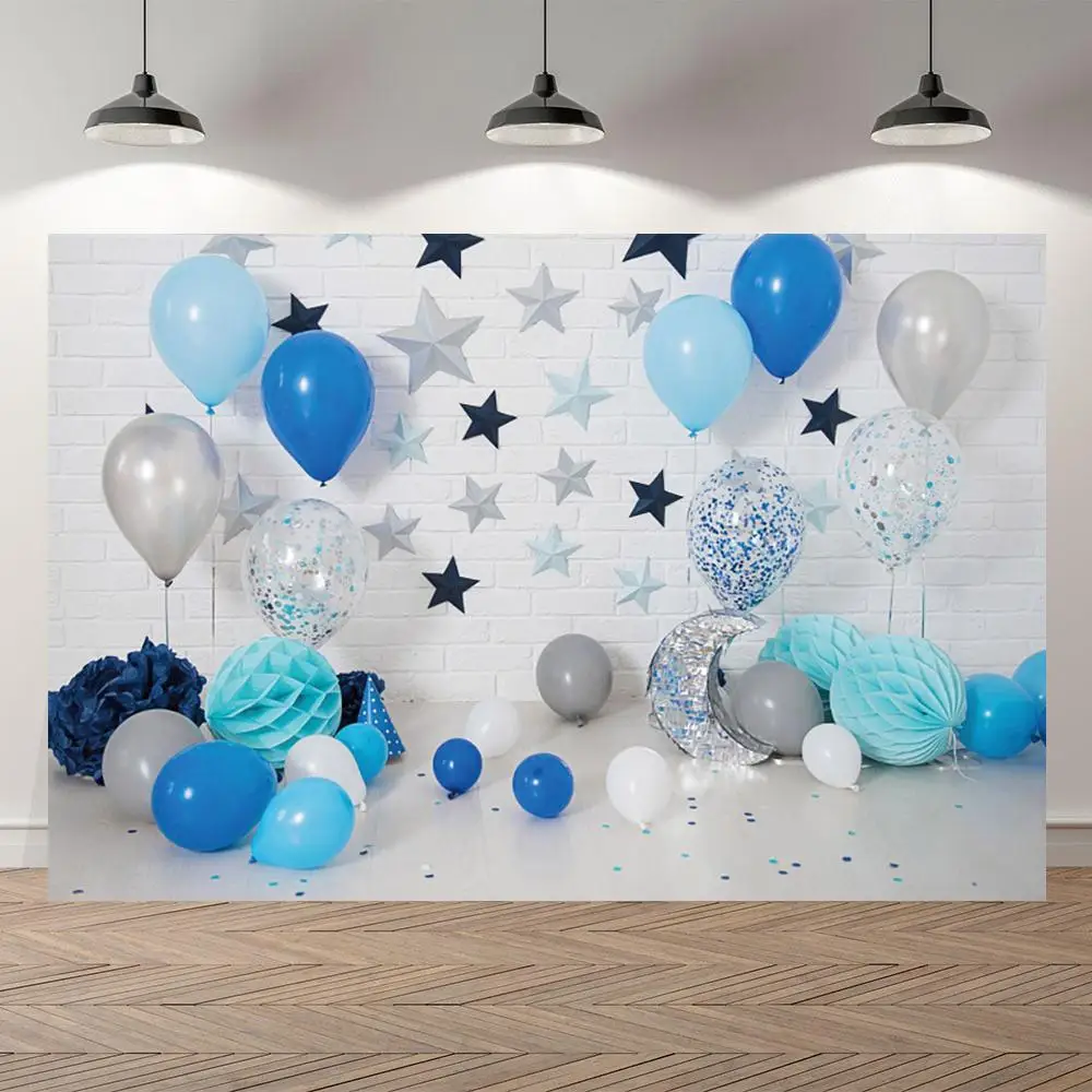 

Silver Stars White Brick Wall Baby 1st Birthday Photographic Backgrounds Balloons Decoration Newborn Baby Shower Backdrop