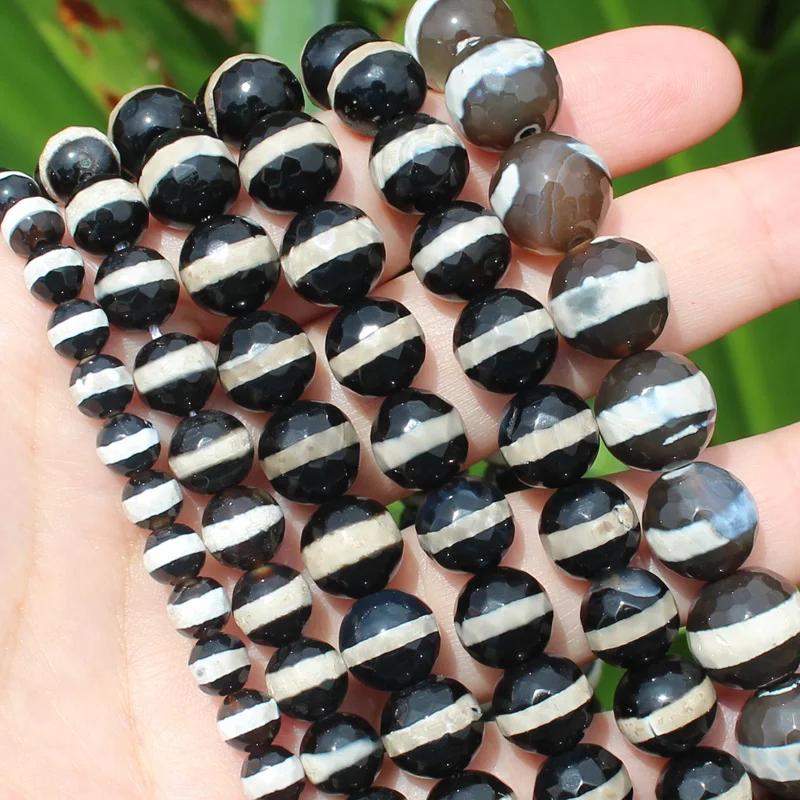 

Natural Faceted Black 1Line Dzi Agate 6-12mm Round space beads, For DIY Necklace Bracelet Jewelry Making !