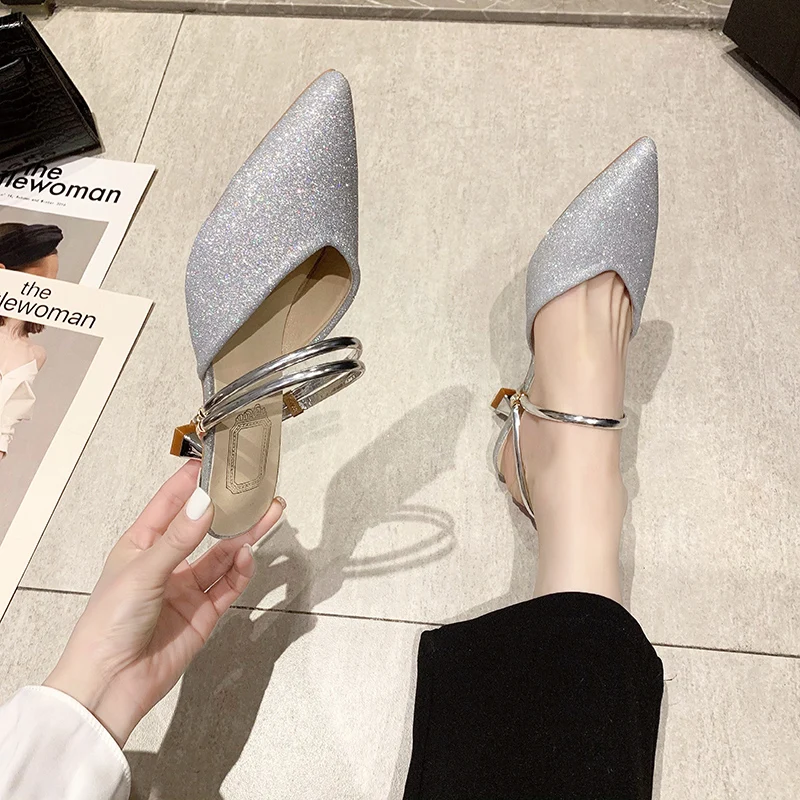 

Shoes Slippers Casual Med Women Heels Pointed Toe Slides Luxury High Thin Silver Cover Soft Scandals Bling Rubber PU Pumps
