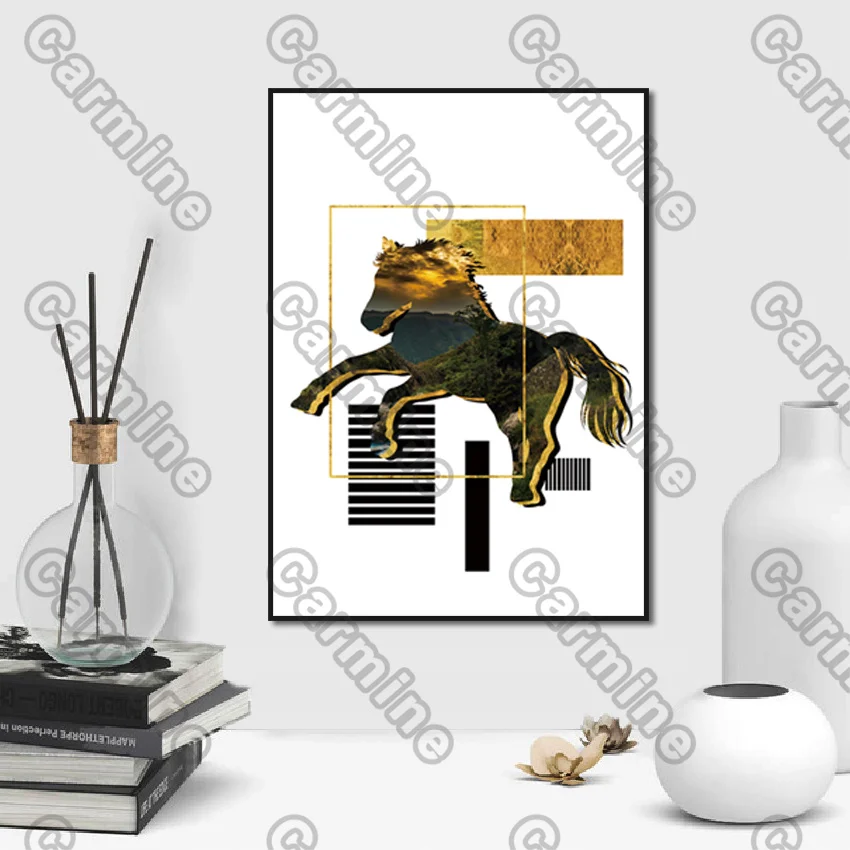 

Poster Golden Horse Animal Abstract Canvas Painting and Prints Wall Art Decoration for Living Room and Bedroom 2Pcs Frameless
