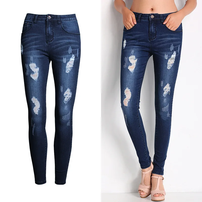 Hot Sale Women's Jeans Style Washed and Ground White Slim Hole Pants Leggings Jeans