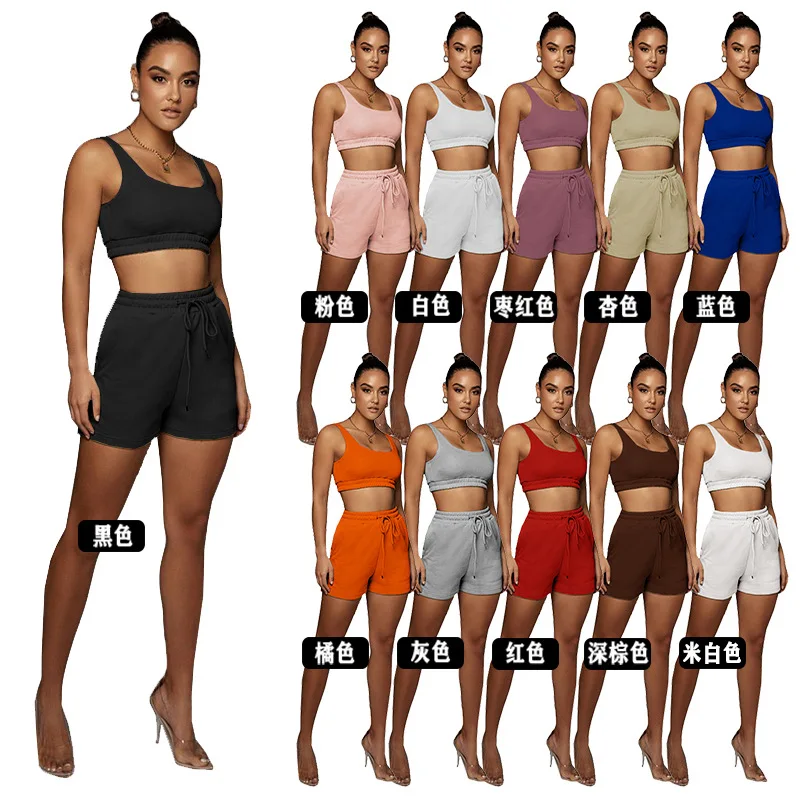 

Summer Streetwear Black 2 Two Piece Sets Womens Outfits Cami Strap Sleeveless Crop Top Biker Pocket Shorts Sets Tracksuit