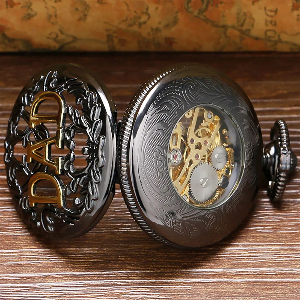 Retro Black Case With Golden DAD Design Mechanical Hand Wind Pocket Watch With Chain Best Gift To Dad/Father