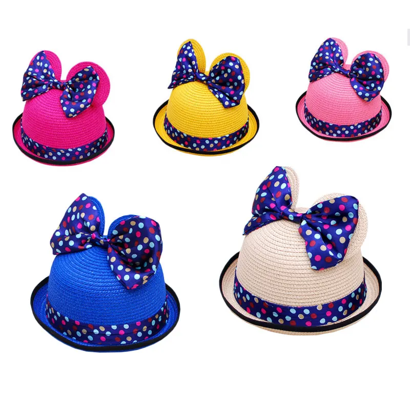 

Шляпа детская соломенная с большим бантом, Круглый аксессуар от солнца, с ушками мыши, для игр, летняя