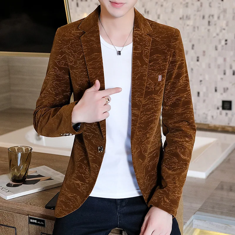 

2020 Men's Slim-Fit Pleuche Jacquard blazer Youth Velveteen Casual Business Ironing-Free blazer