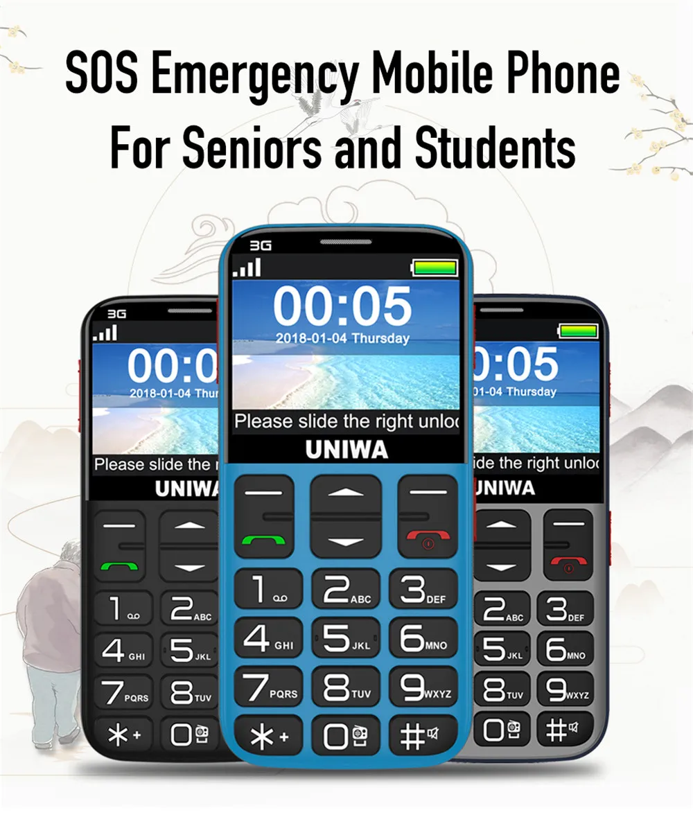 UNIWA V808G Mobile Phone Russian Keyboard 3G WCDMA Phone Strong Torch Senior Cellphone Elderly Big SOS Push-Button Phone Old Man