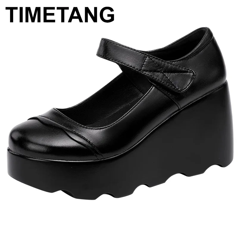

TIMETANG 2021 Spring Leather Women Pumps Platform Wedges Round Toes Ankle Strap High Heels Soft Women Shoes Large Size 40-43