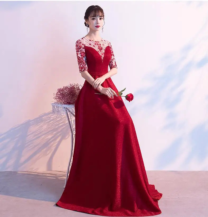 

Elegant Appliques Lady Bride Wedding Party Dresses Sexy O-Neck Chinese Dress Floor-Length Satin Skirt Plus Size 3XL Pleated Gown