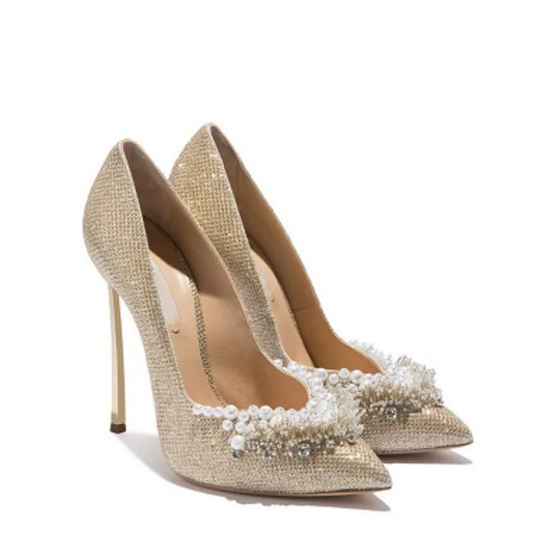 Весенне осенние женские туфли на высоком каблуке с острым носком украшенные