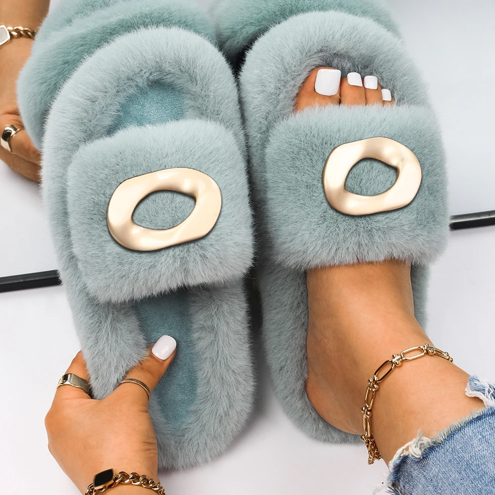 Women's Fluffy Slippers Fashion Irregular Geometric Faux Fur Slides Designer Platform Fur Sandals Cozy Slippers Casual Shoes