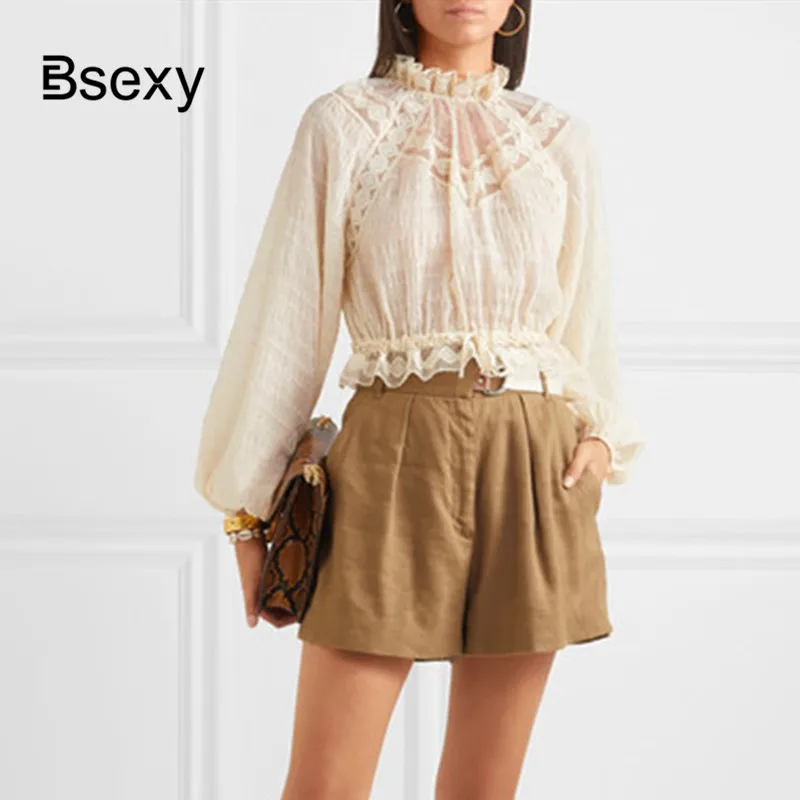 Укороченный Топ для женщин осеннее винтажное кружевное лоскутное шифоновое