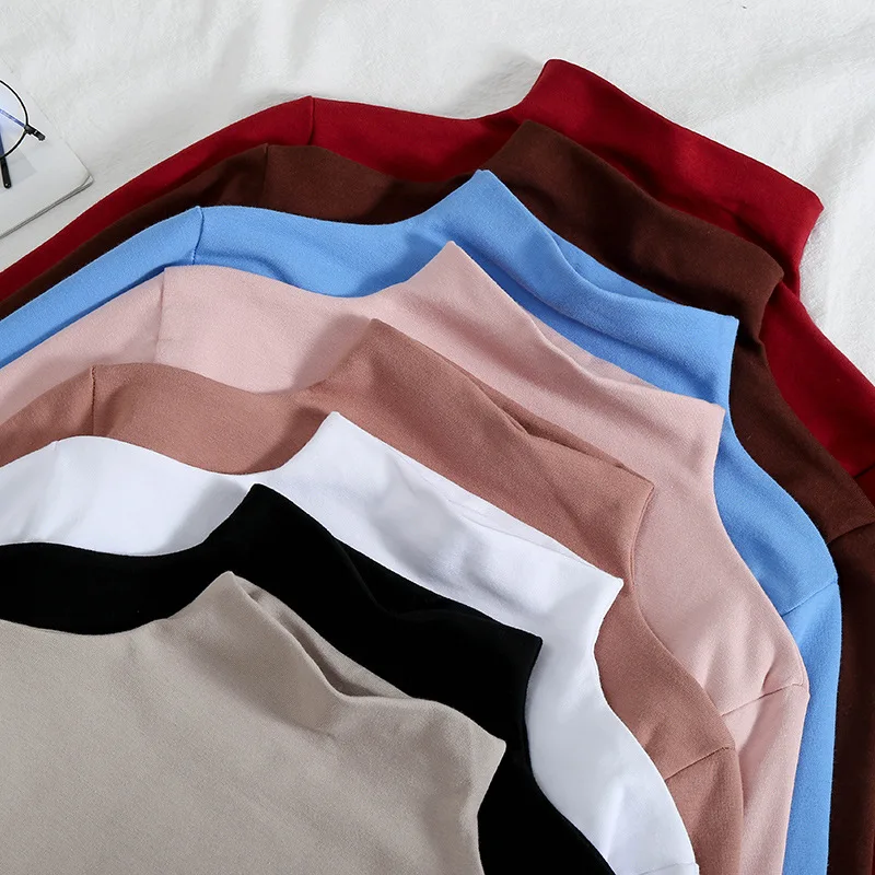 

Casual 2021 Solid Color Long Sleeve Tops Autumn And Winter Korean Version Plus Velvet Cotton Half High Collar T-Shirt Keep Warm