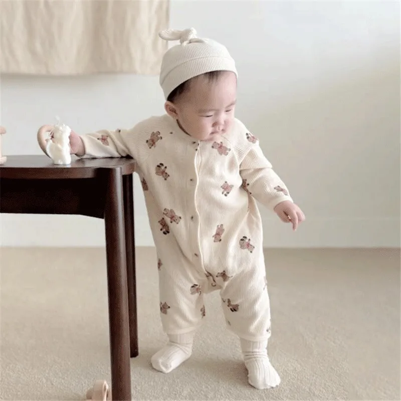 

Fashion Bear Print Cotton Baby Romper Waffle Comfortable Newborn Clothes Boy Long Sleeve Cartoon Jumpsuit Girl Outfits 0-24M