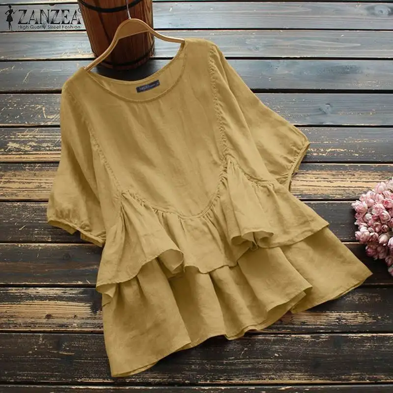 

Женская свободная рубашка в стиле ретро, винтажная блузка из хлопка и льна с круглым вырезом, топы с оборками, летние блузы, модные повседнев...