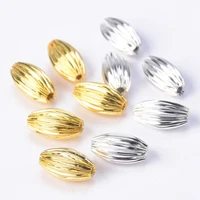 50pcs plated gold color silver color oval 5x8mm 6x10mm 7x12mm hollow plicated metal brass loose beads for jewelry making diy