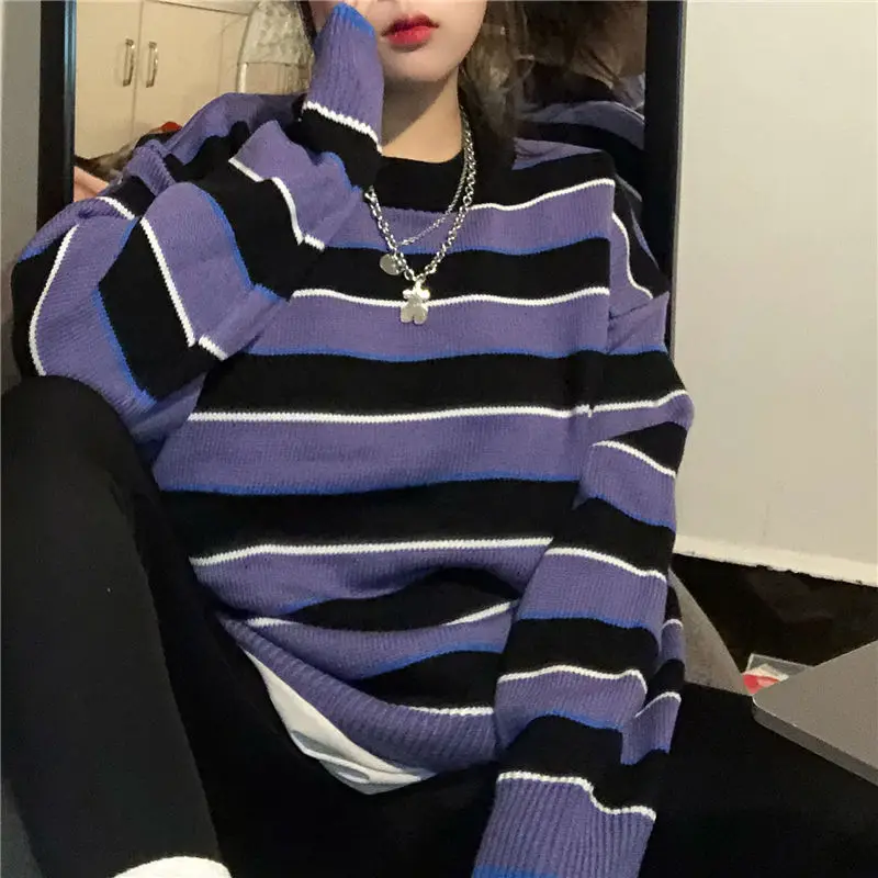 Pullovers Women O-neck Striped Oversize Trendy Harajuku Knitted Sweaters Students All-match Leisure Daily Streetwear Korean Tops | Женская