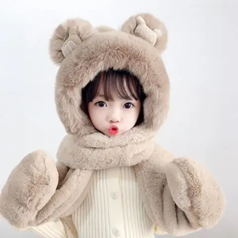 

Kids Winter Riding Warm Hat For Girl Windproof Gloves Bib Hat Three Piece Women Bear Ear Scarf One-Piece Cap Scarf Gloves