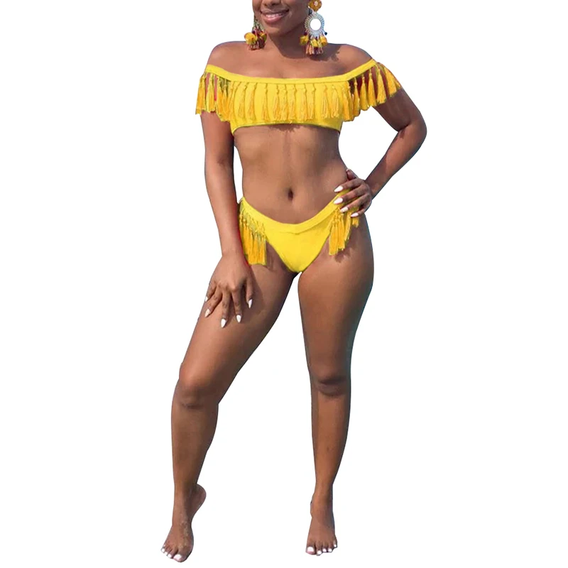 2020 Women Sets Summer Beach Bikinis Set Swimwears Slash Neck Tassel Top + Panties Two Piece Bohemian Swimsuit GL6016 |
