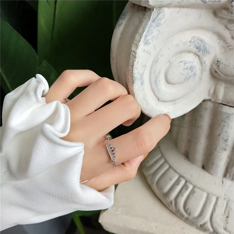 

POFUNUO Real 925 Sterling Silver Women Fashion Chain Line Rings Girls Exquisite Crown Castle Niche Rings Luxury Wedding Jewelry