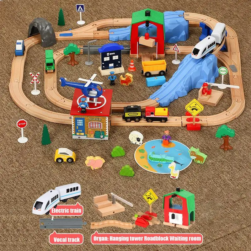79PCS Wooden Railway Train Track Suit Montessori Fishing Scene Slot Car Parking Airport Garage Circuit Voiture Toys for Children | Игрушки и