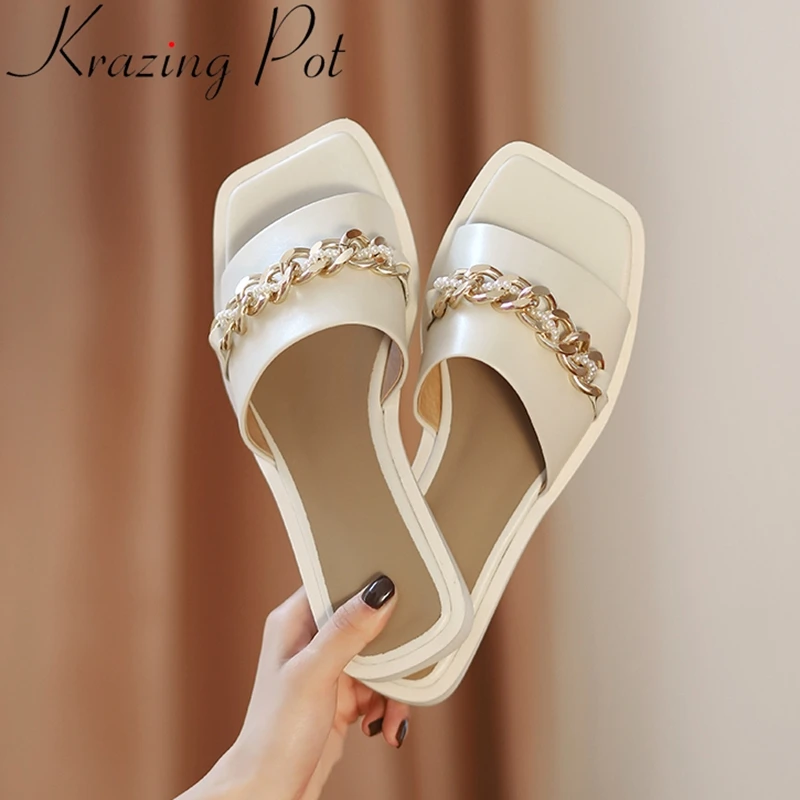 

Krazing Pot size 40 cow leather summer shoes low heels peep toe outside slippers slip on slides chain casual pearl concise mules