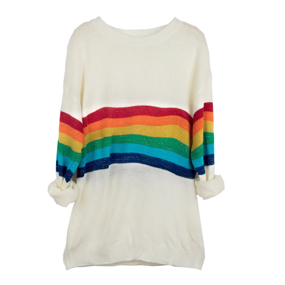 

Rainbow Sweaters Women Sexy O-neck Loose Long Sleeve Knitted Top Autumn Winter Casual Female Jumper Pullovers