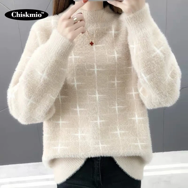 

Geometric Knitted Sweater Women Fall/Winter Turtleneck Pullover Korean Style Warm Tops Office Ladies Loose Knitwear Harajuku