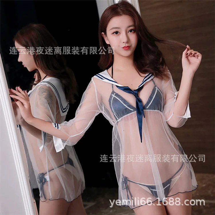 

Sexy Student Sailor Uniform Kawaii Transparent Lolita Bra Panty Underwear Sleepwear Set Love Live Cosplay Costumes