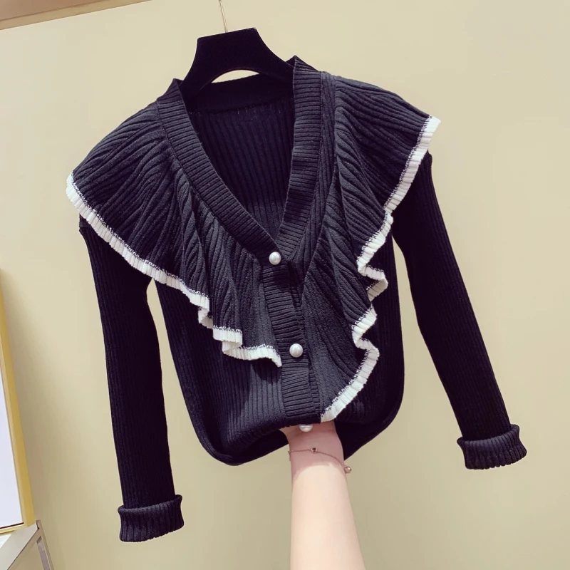 4XL sweater flounced stitching women's 2019 new Autumn fat sister knitted single-breasted |
