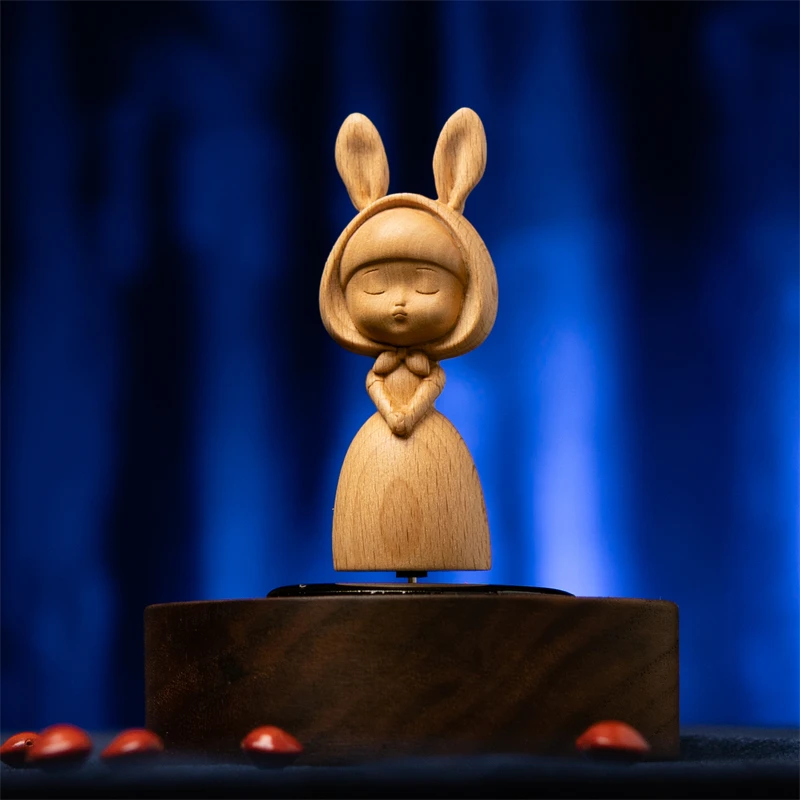 

Solid Wood Black Walnut Rabbit Girl Solar Energy Spin Car Interior Decoration Personality Mini Doll for Car Accessories